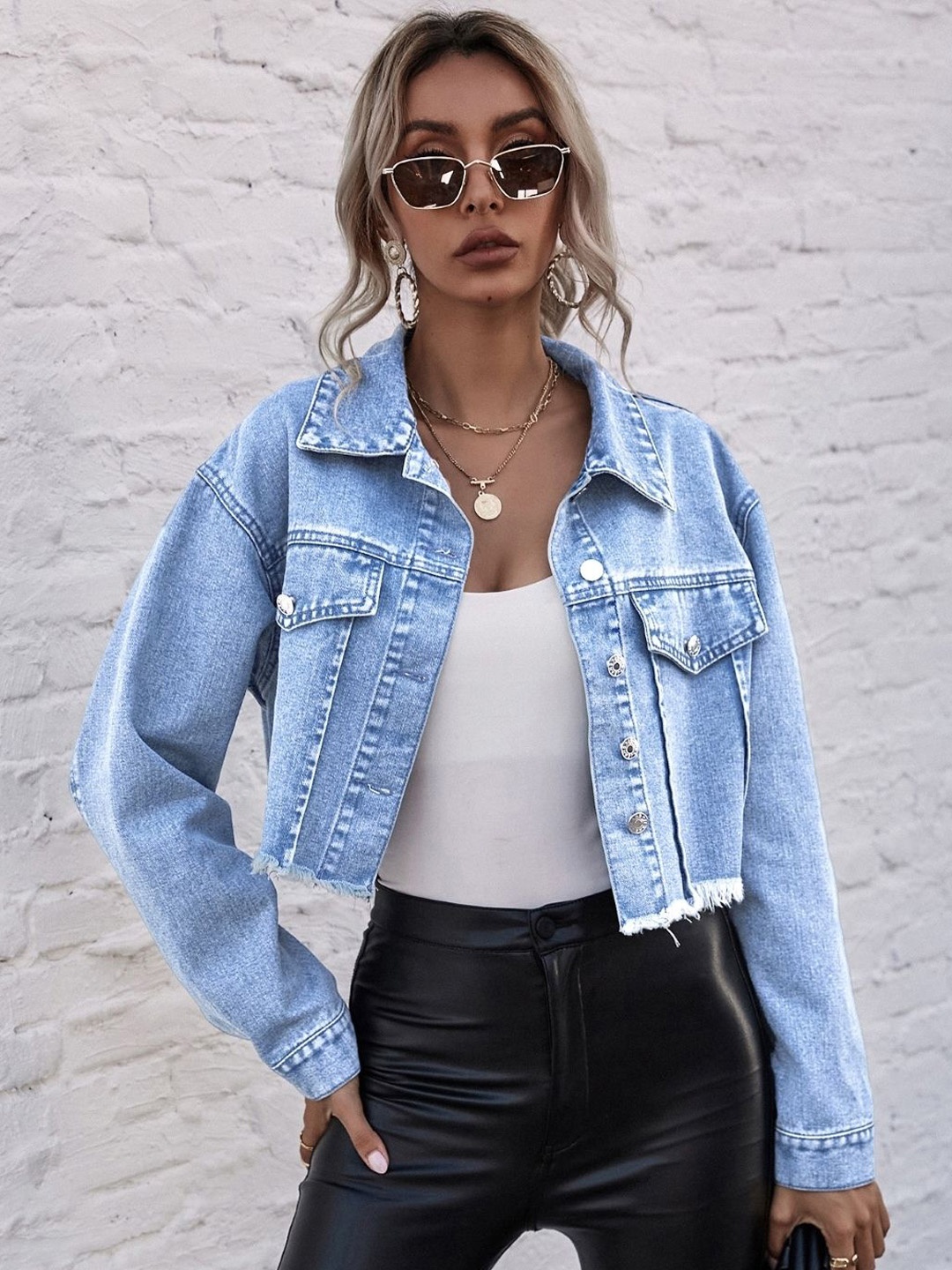 

KPOP Women Solid Crop Denim Jacket, Blue