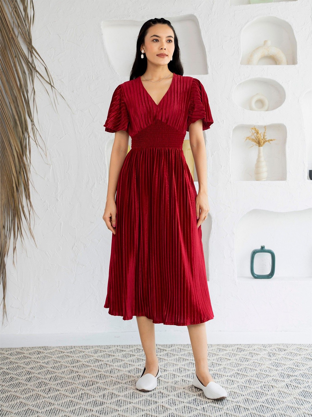 

AASK Floral Puff Sleeve Velvet Fit & Flare Dress, Maroon