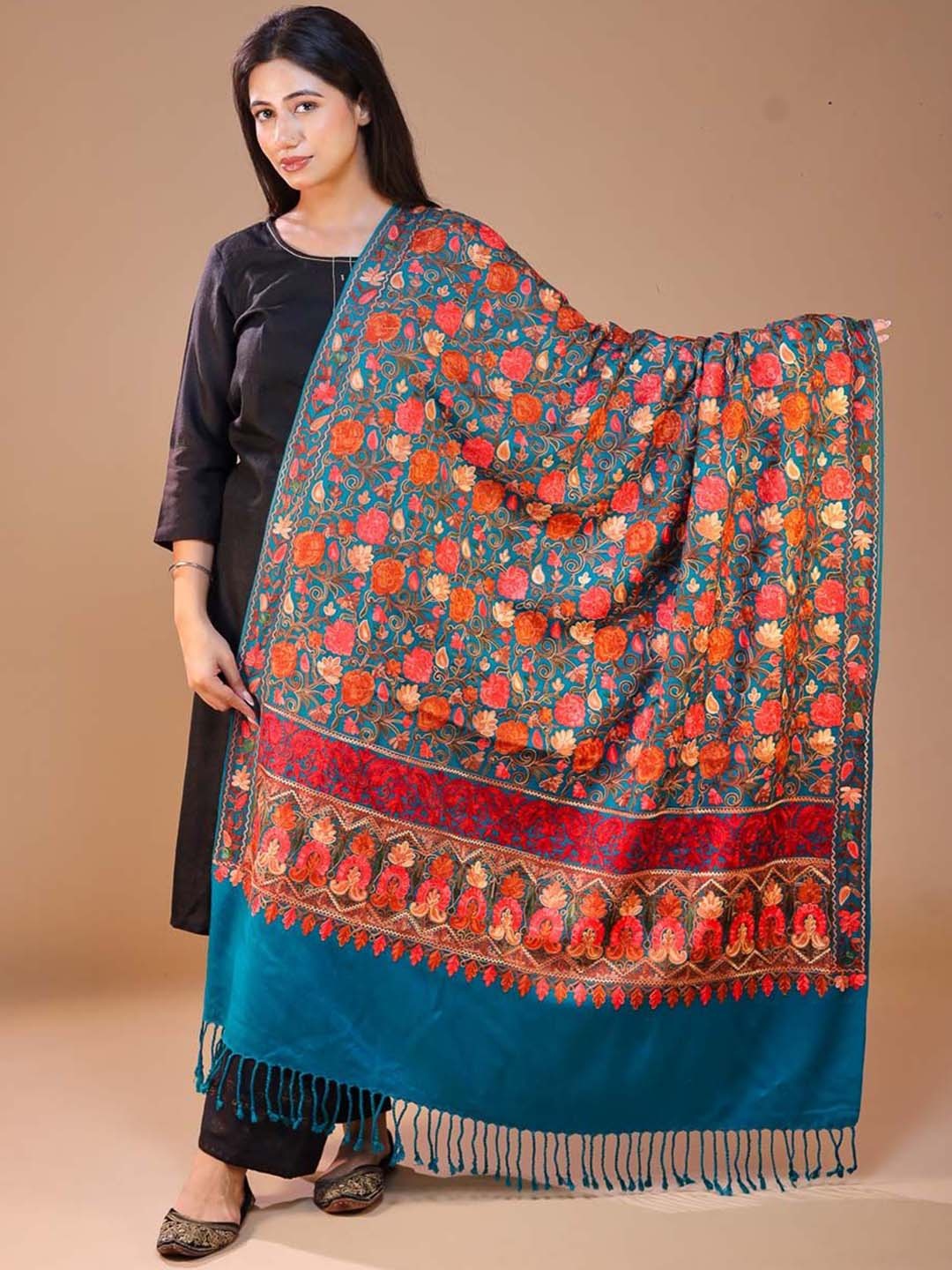 

SWI Stylish Floral Aari Embroidered Shawl, Turquoise blue