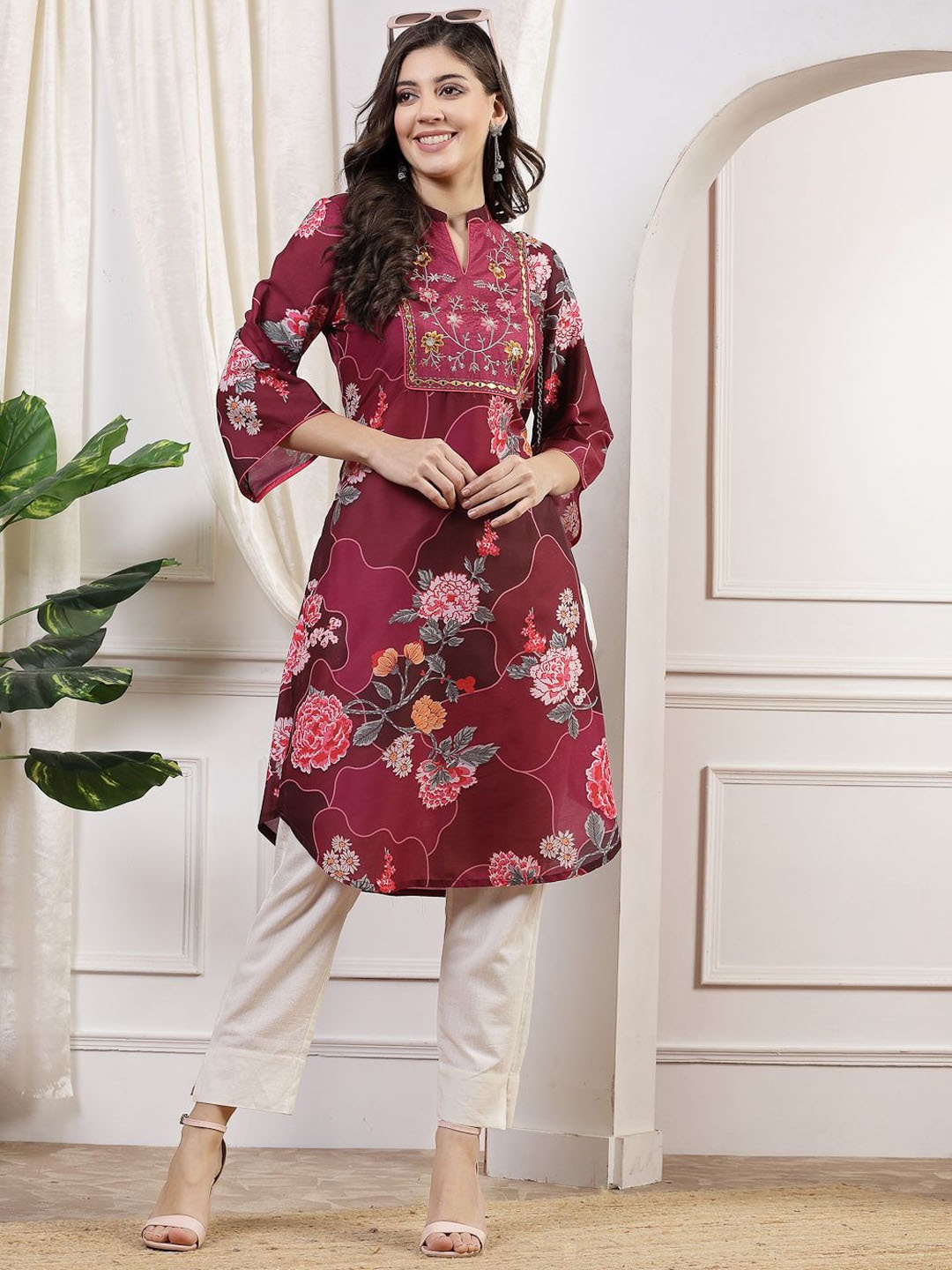 

Nayam By Lakshita Floral Printed Mandarin Collar Thread Work A-Line Kurta, Magenta