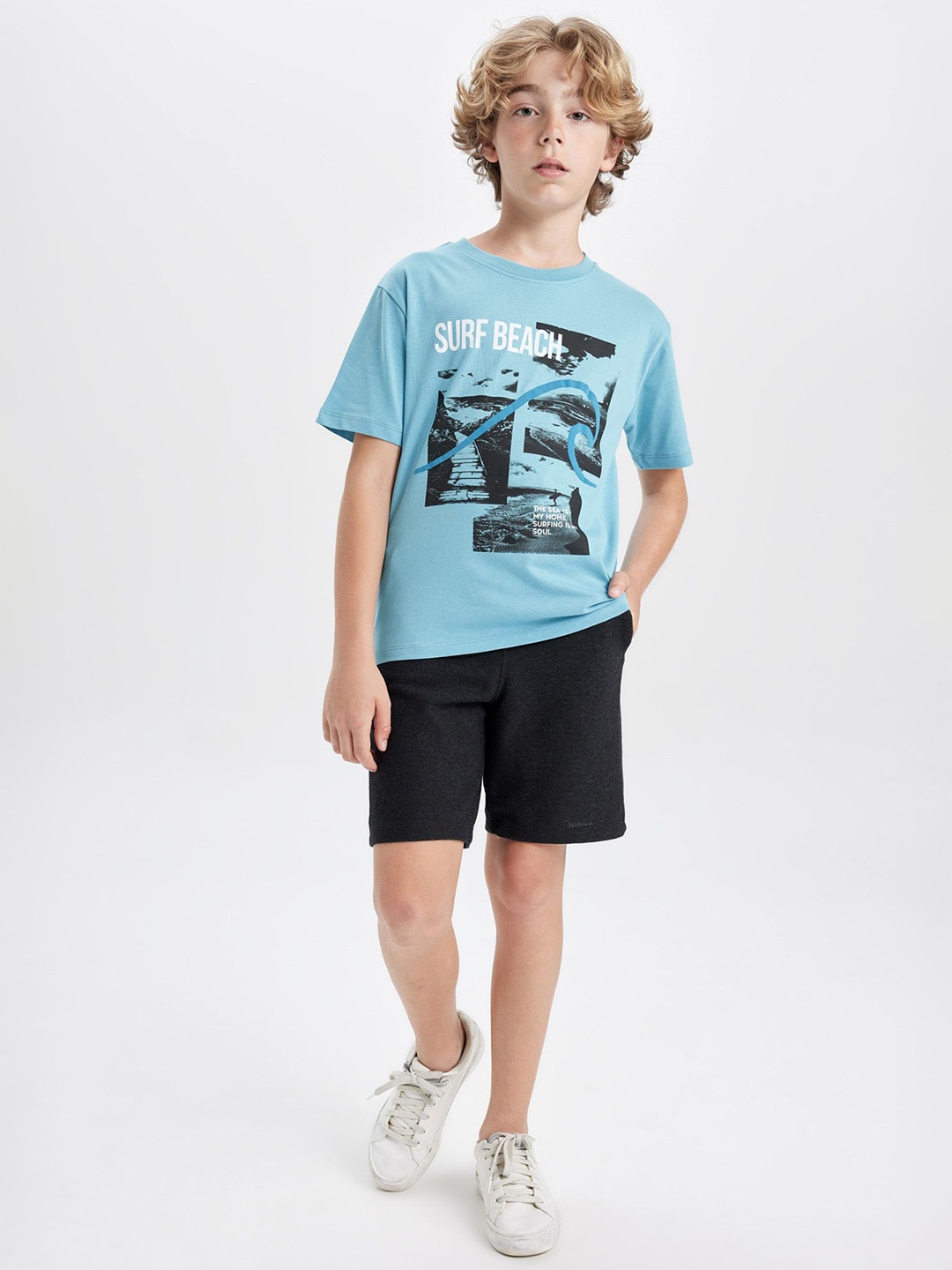 

DeFacto Boys Printed Pure Cotton T-shirt with Shorts, Blue