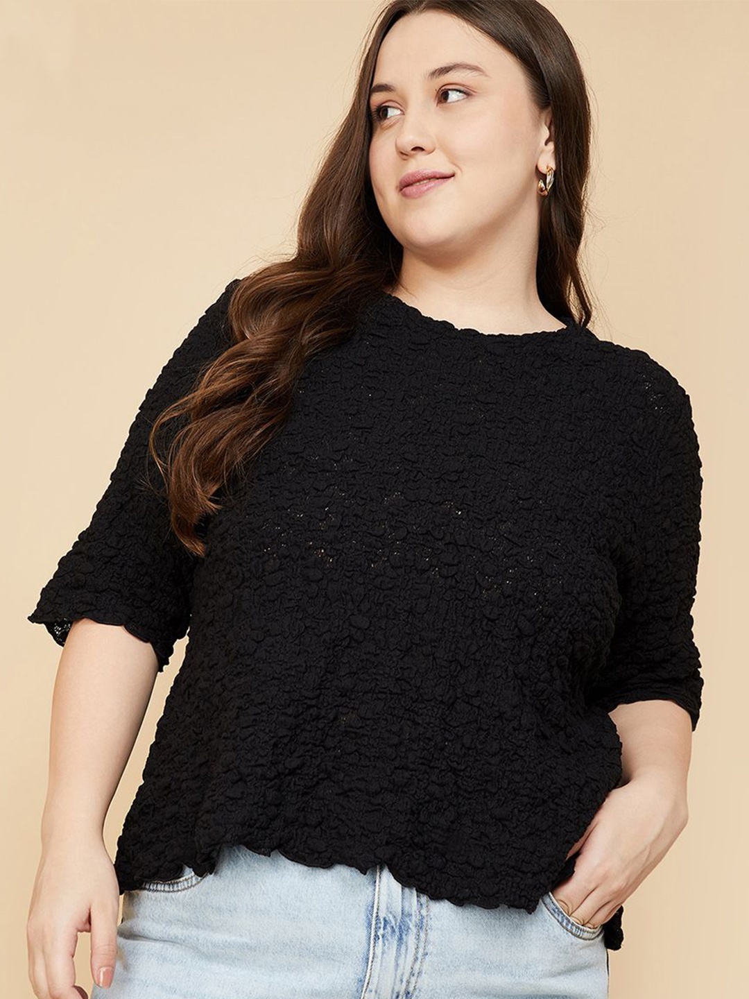 

max Women Plus Size Solid Round Neck Cotton Top, Black