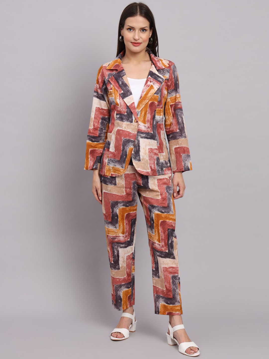 

KALINI Geometric Printed Shirt Collar Blazer & Trousers, Mustard
