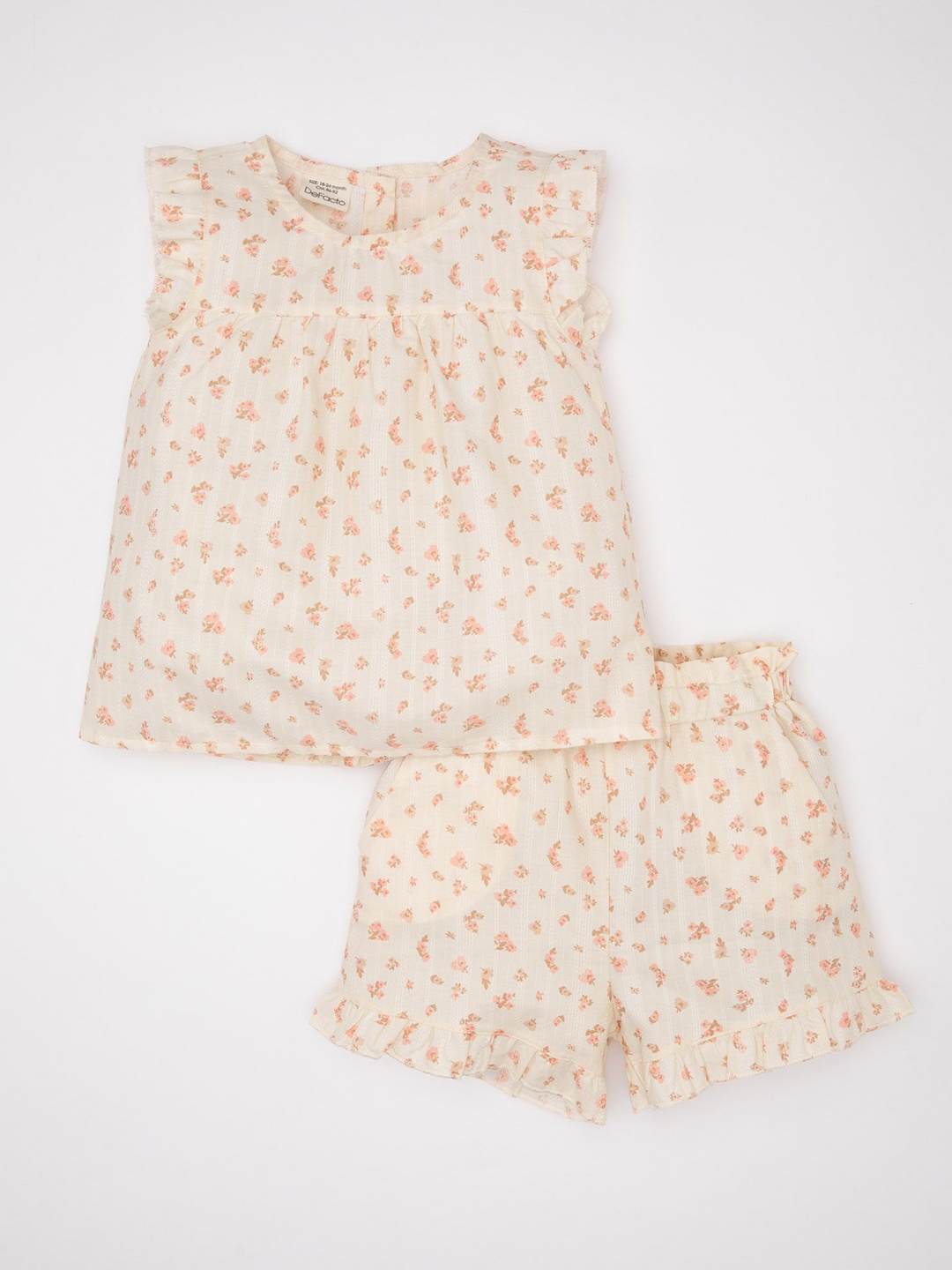 

DeFacto Girls Floral Printed Pure Cotton Top with Shorts, Cream