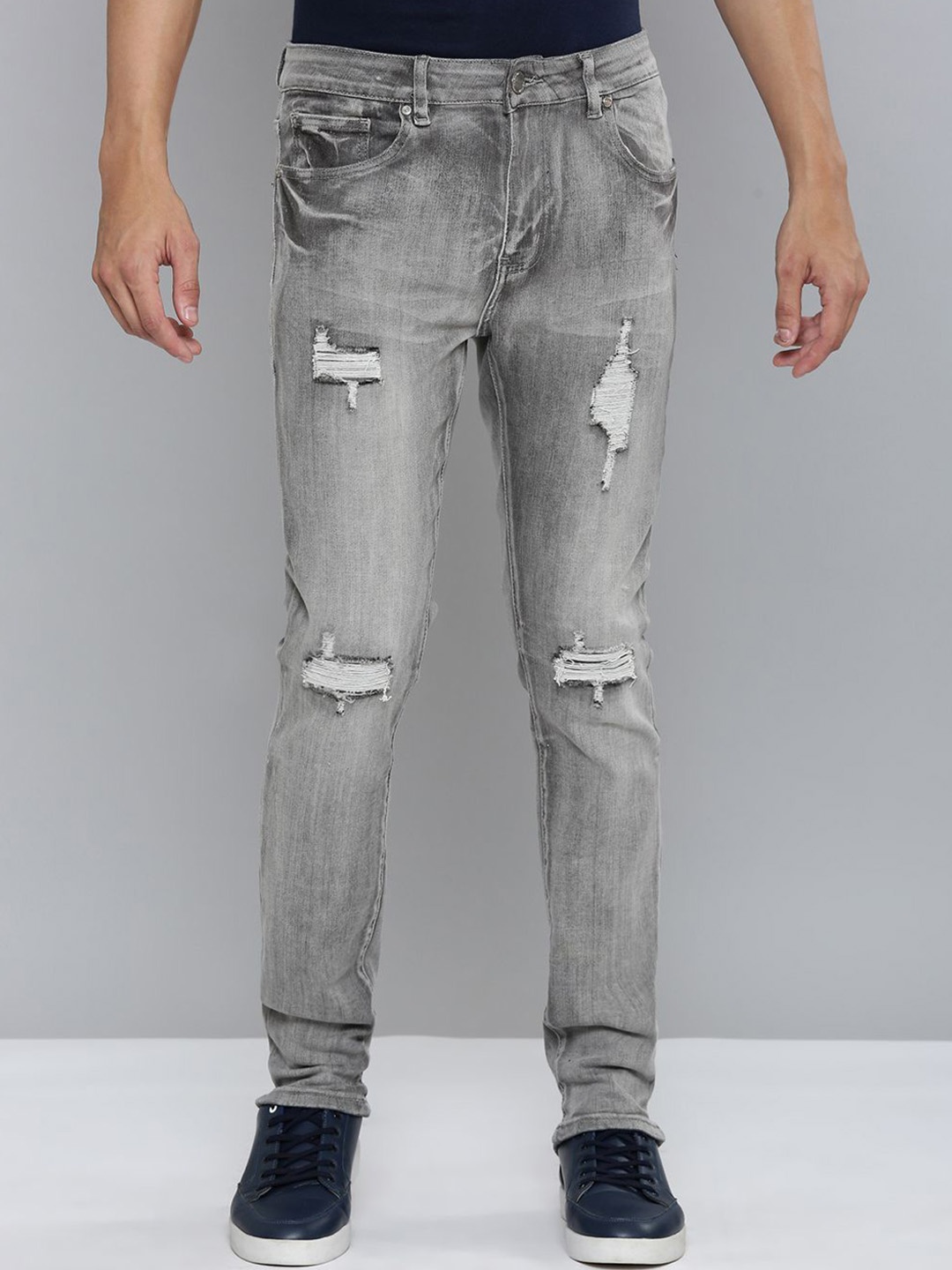 

WAIMEA Men Comfort Skinny Fit Highly Distressed Heavy Fade Stretchable Jeans, Grey