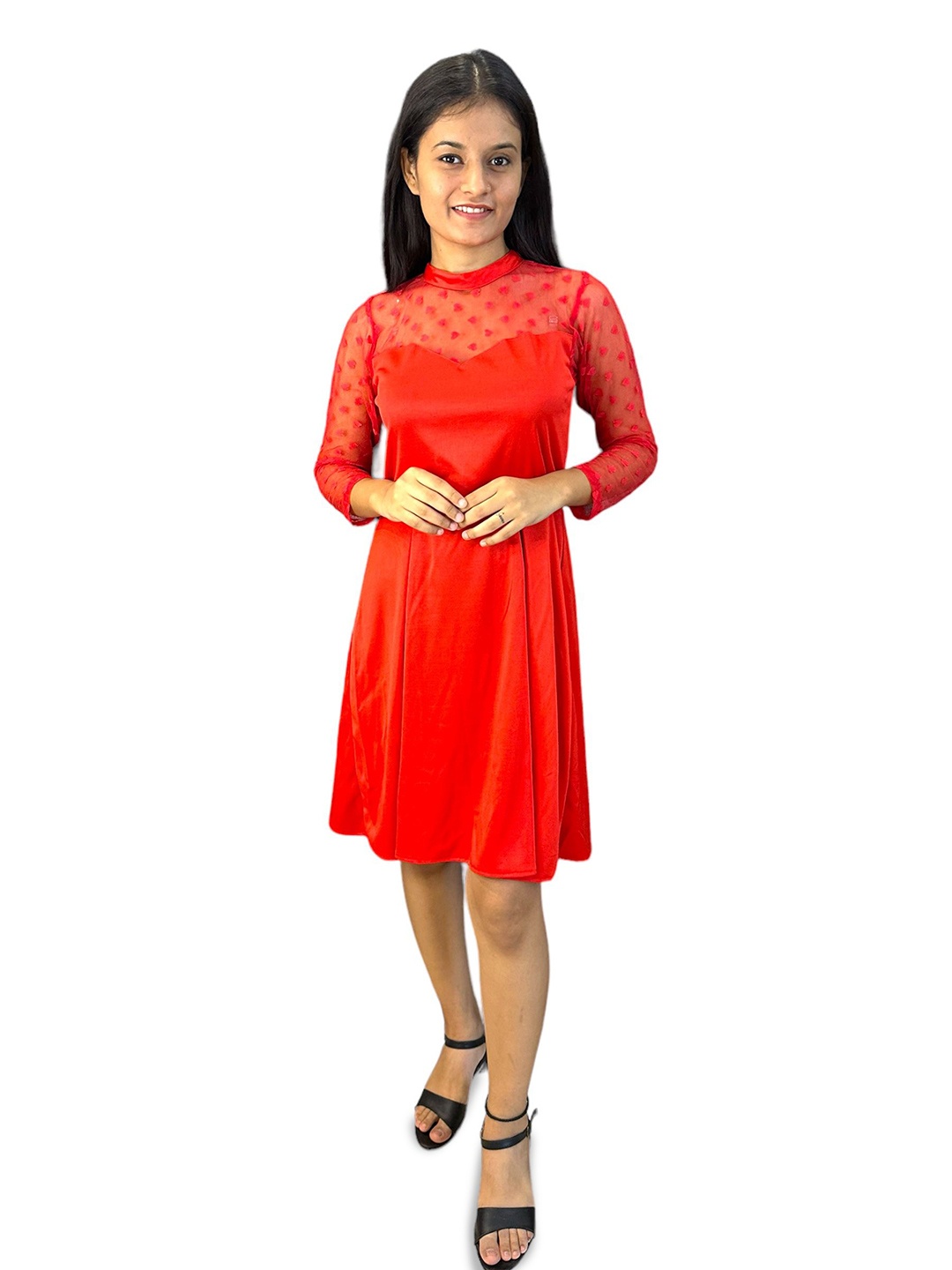 

Samsara Couture Fit & Flare Round Neck Long Sleeves Solid Dress, Red