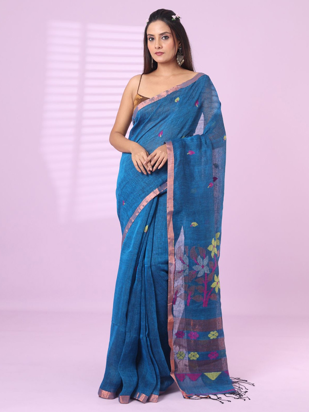 

Charukriti Woven Design Zari Pure Linen Saree, Blue