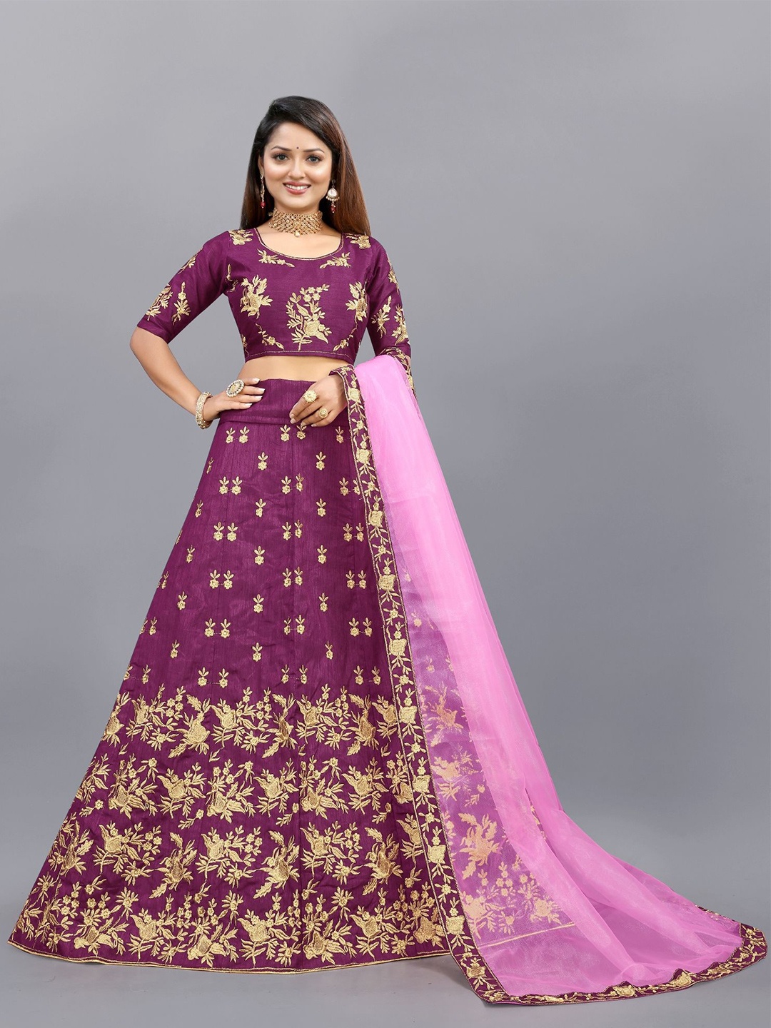 

APNISHA Embroidered Semi-Stitched Lehenga & Unstitched Blouse With Dupatta, Purple