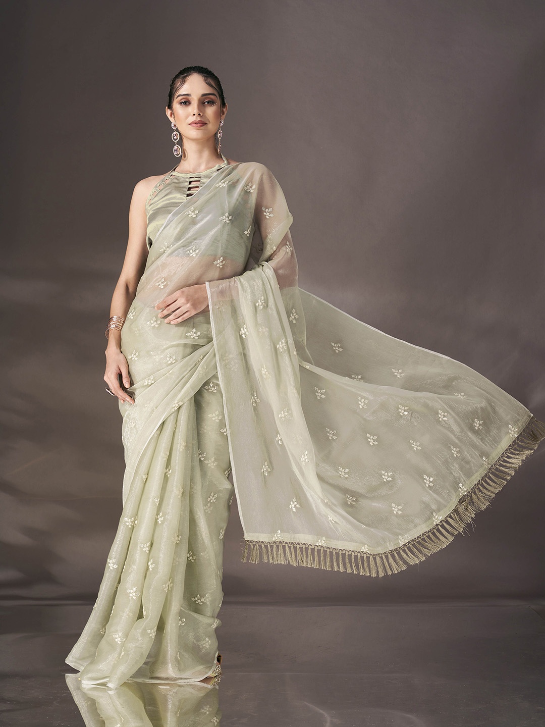

Tikhi Imli Floral Sequinned Poly Chiffon Saree, Green