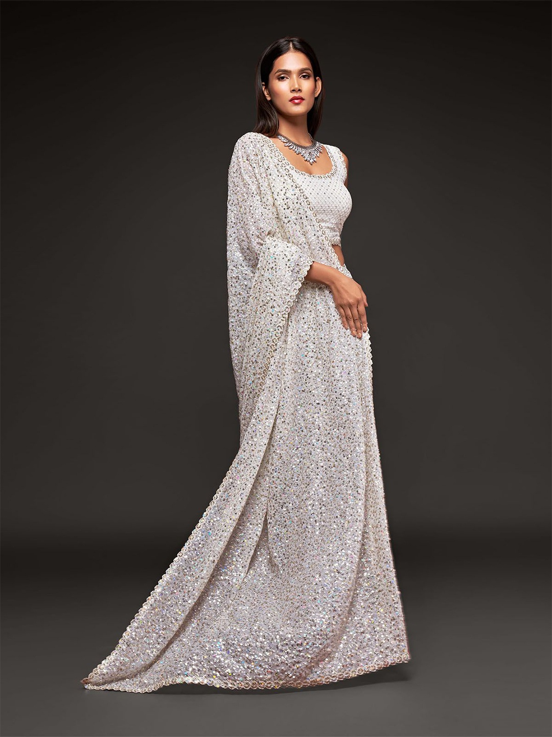 

ODETTE Embellished Sequinned Heavy Work Saree, White