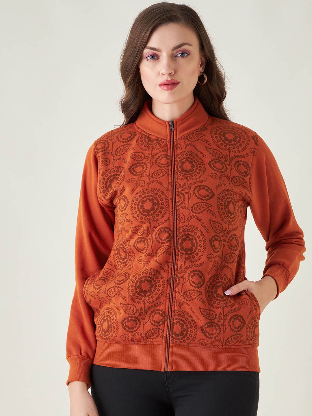 

PIVL Women Mock Collar Windcheater Floral Printed Jacket, Rust