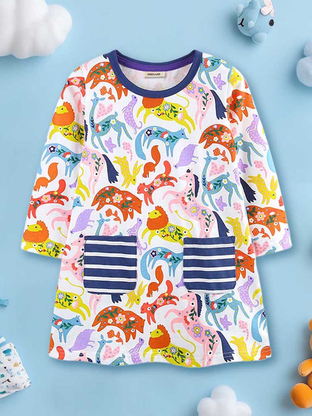 

INCLUD Girls Multicolor Animal Printed Double Pocket Casual Dress, Multi