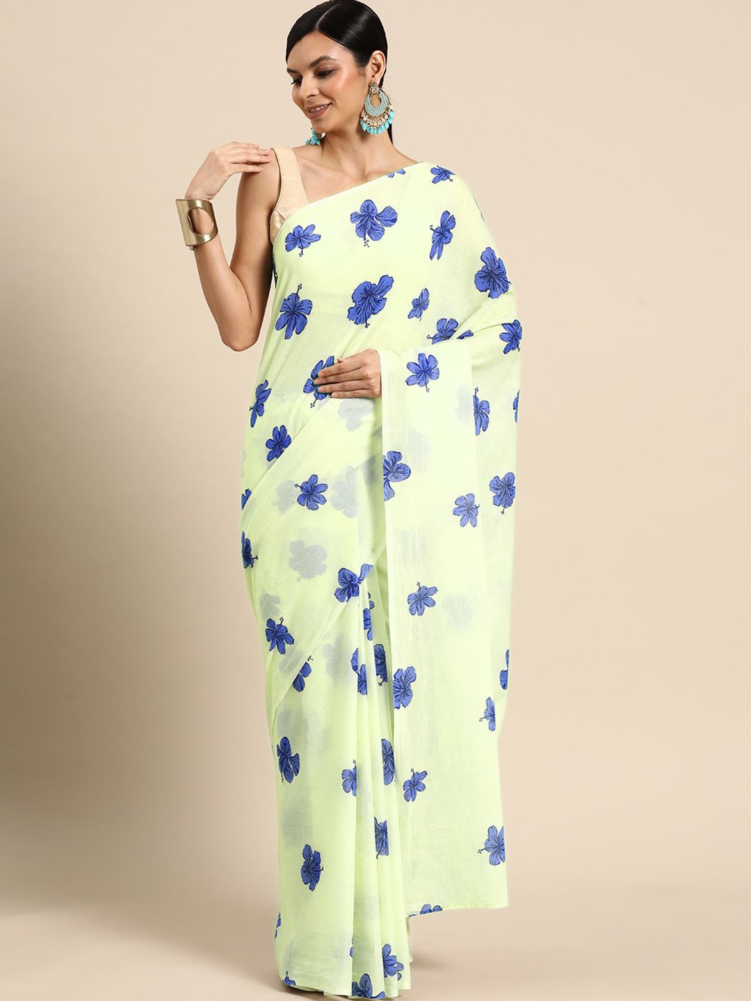 

BUTA BUTI Floral Printed Pure Cotton Saree, Lime green