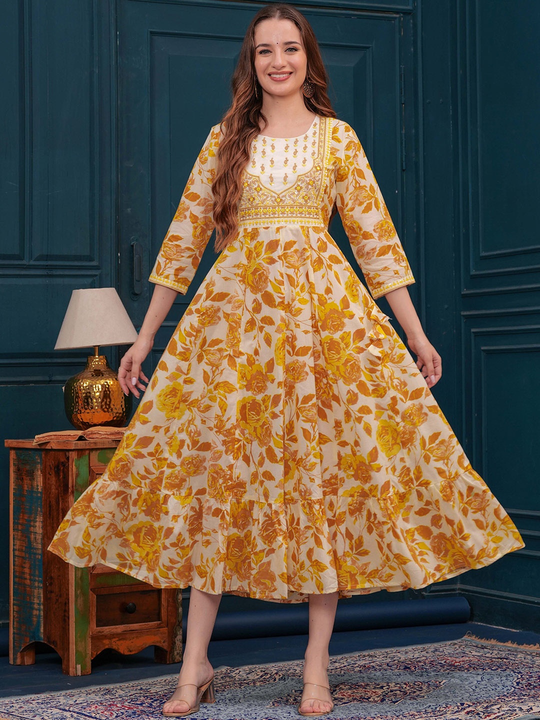 

FASHION DEPTH Floral Printed Mirror Work Pure Cotton Tiered Anarkali Kurta, Yellow