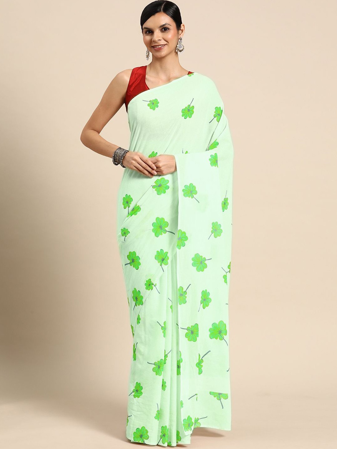 

BUTA BUTI Floral Printed Pure Cotton Saree, Green