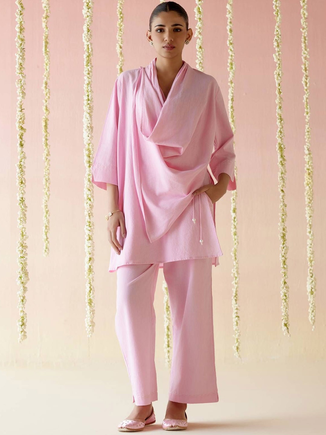

NERO Shawl Neck Draped Pure Cotton Top With Trouser, Pink