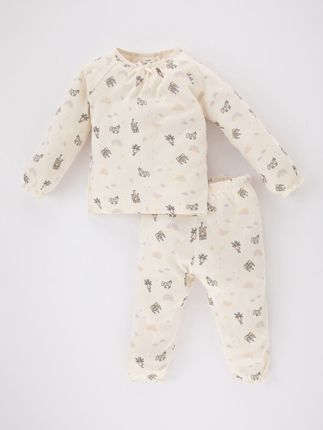 

DeFacto Girls Printed Pure Cotton T-Shirt With Trousers Night Suit, Cream