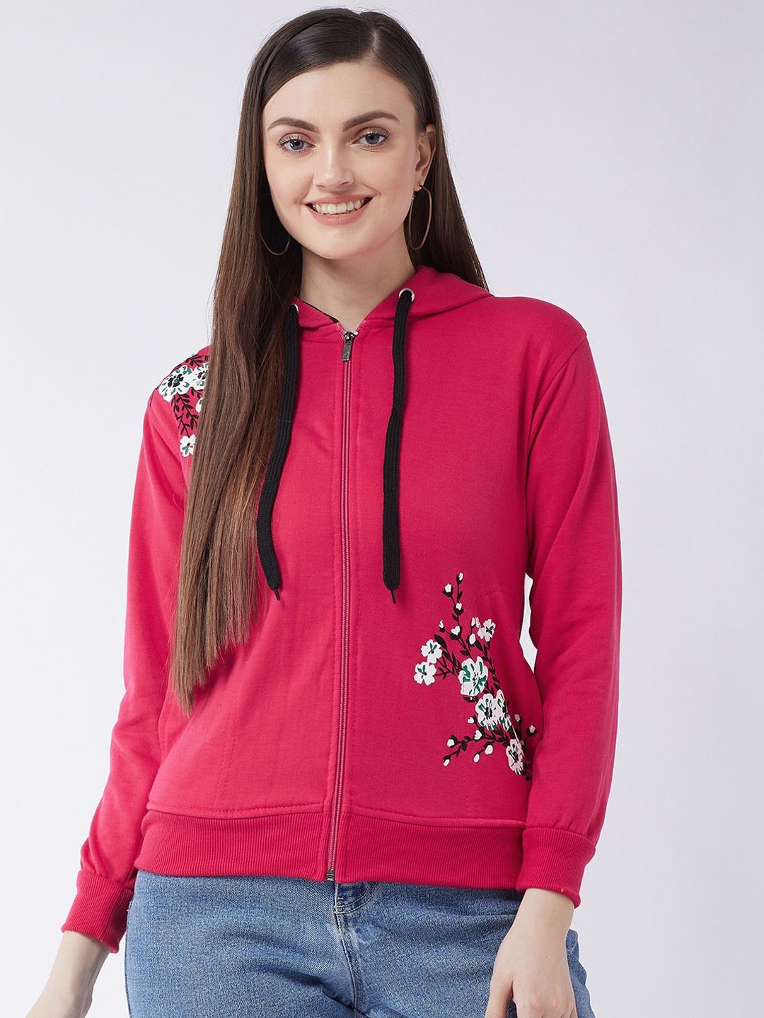 

PIVL Women Floral Printed Windcheater Hooded Jacket, Magenta