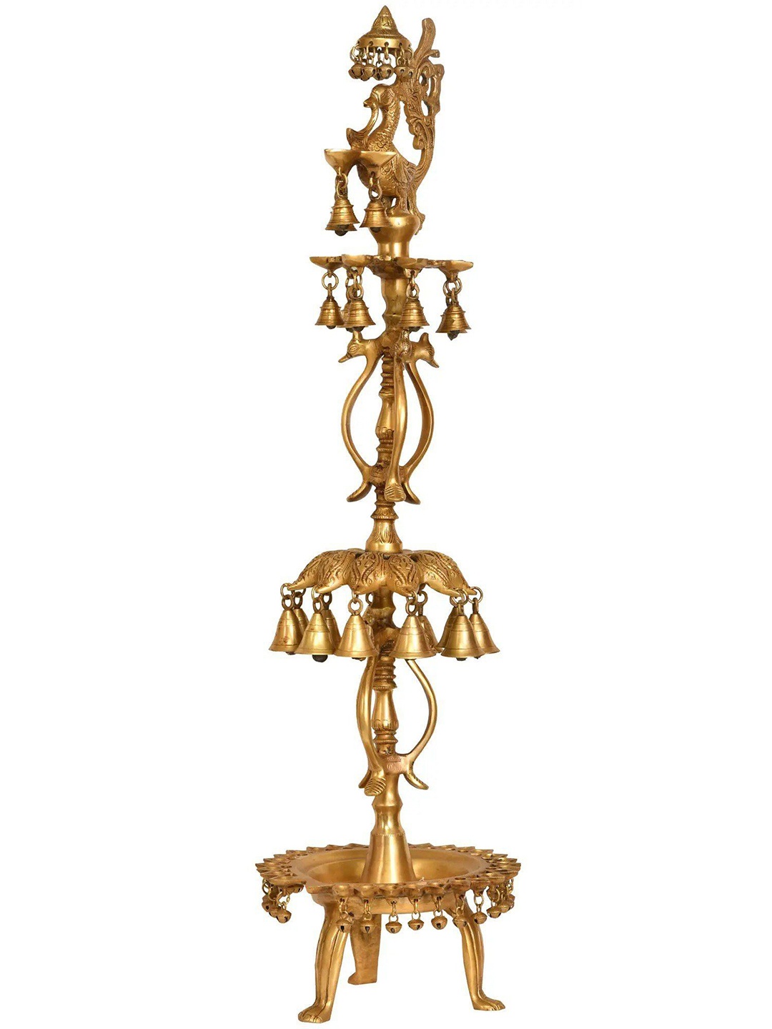 

Exotic India 35" Mayur (Peacock) Lamp with Bells and Ghungroos in Brass, Gold