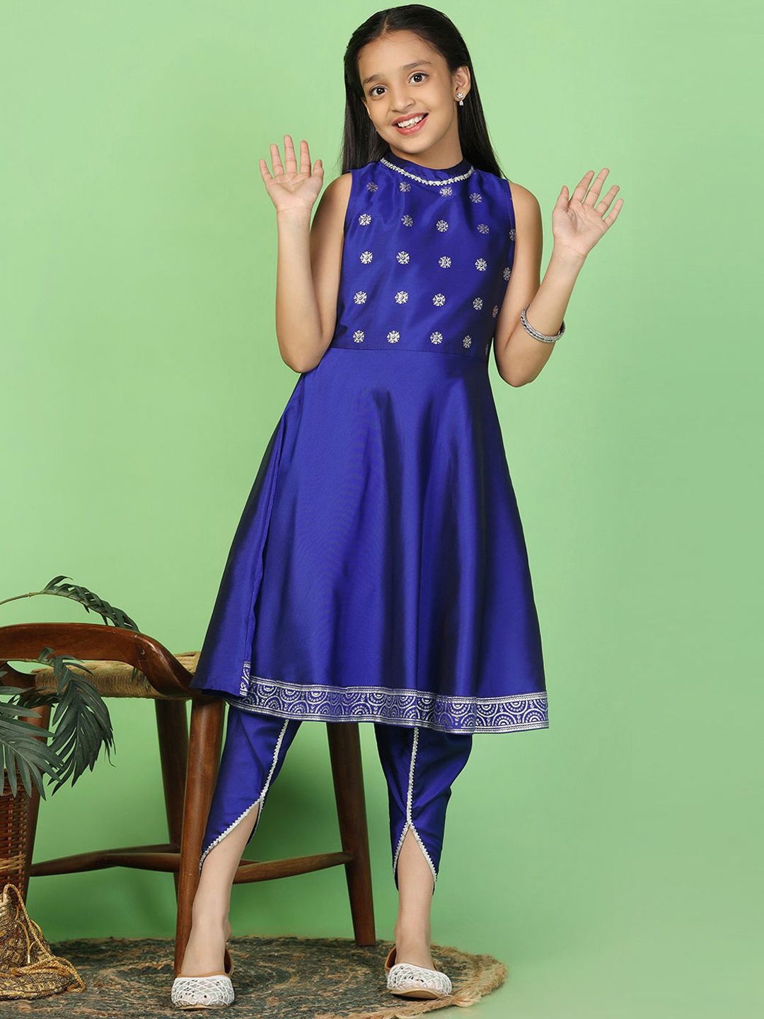 

BAESD Girls Floral Printed High Neck Anarkali Kurta with Dhoti Pants, Blue