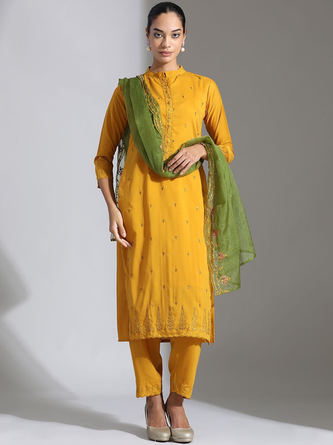 

Jaipur Kurti Floral Embroidered Pure Cotton Sequin Straight Kurta With Trousers & Dupatta, Mustard