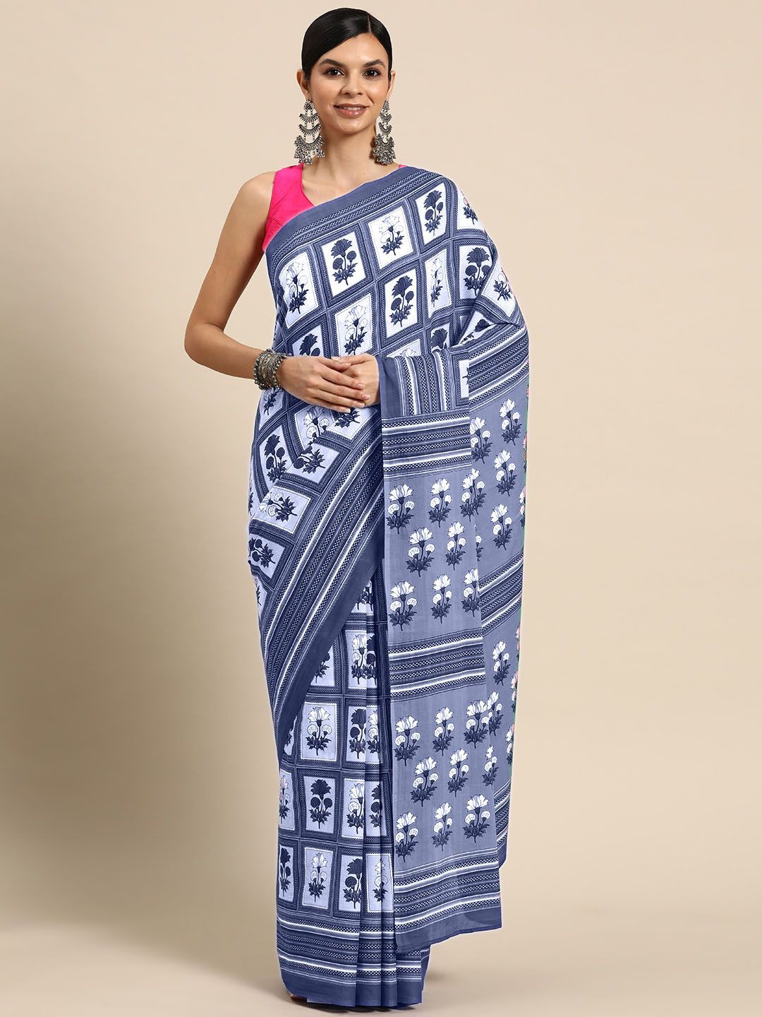 

BUTA BUTI Floral Printed Pure Cotton Saree, Blue
