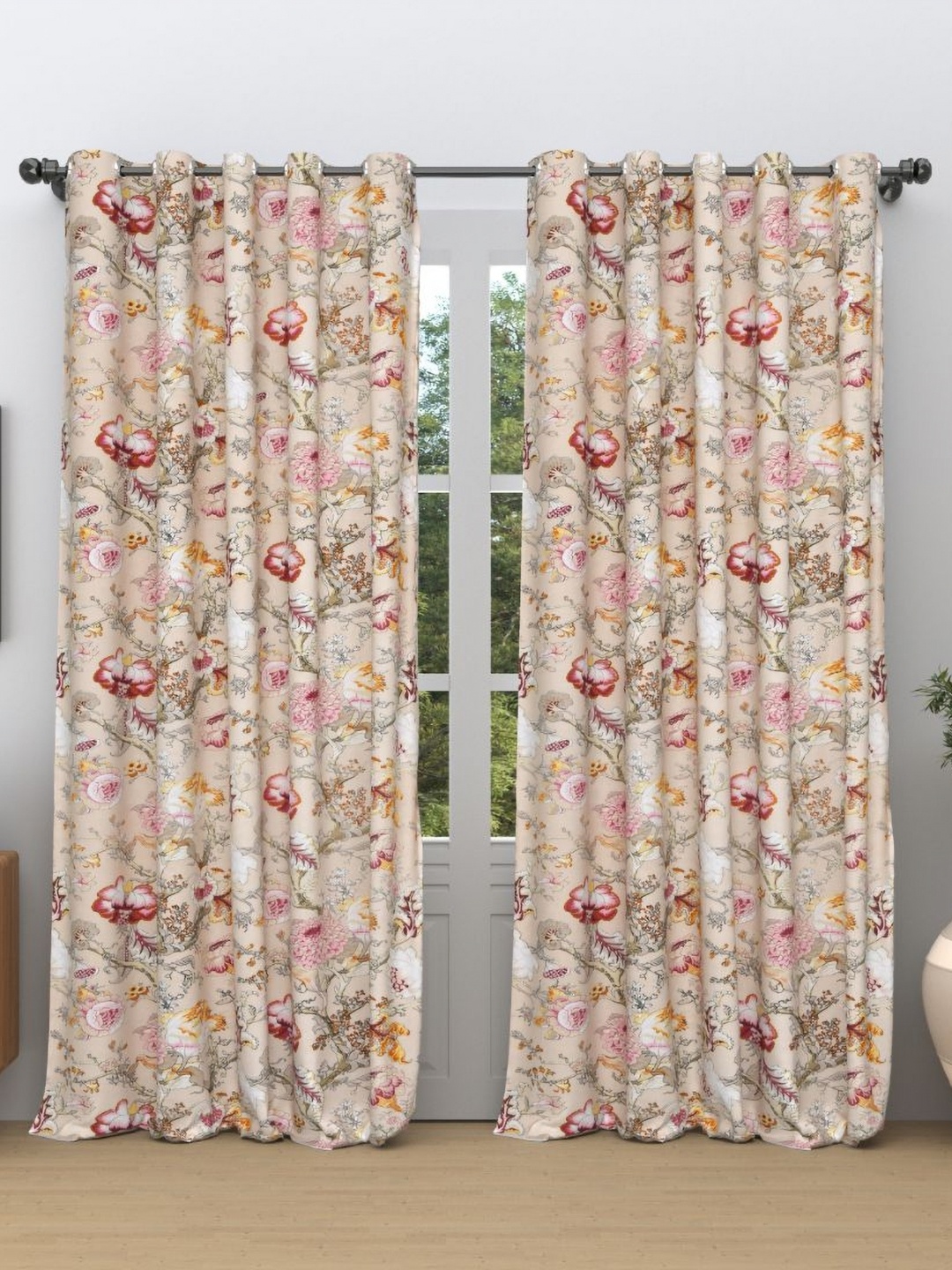 

EasyGoods anokhi Beige & Pink 2 Pieces Floral Cotton Window Curtains