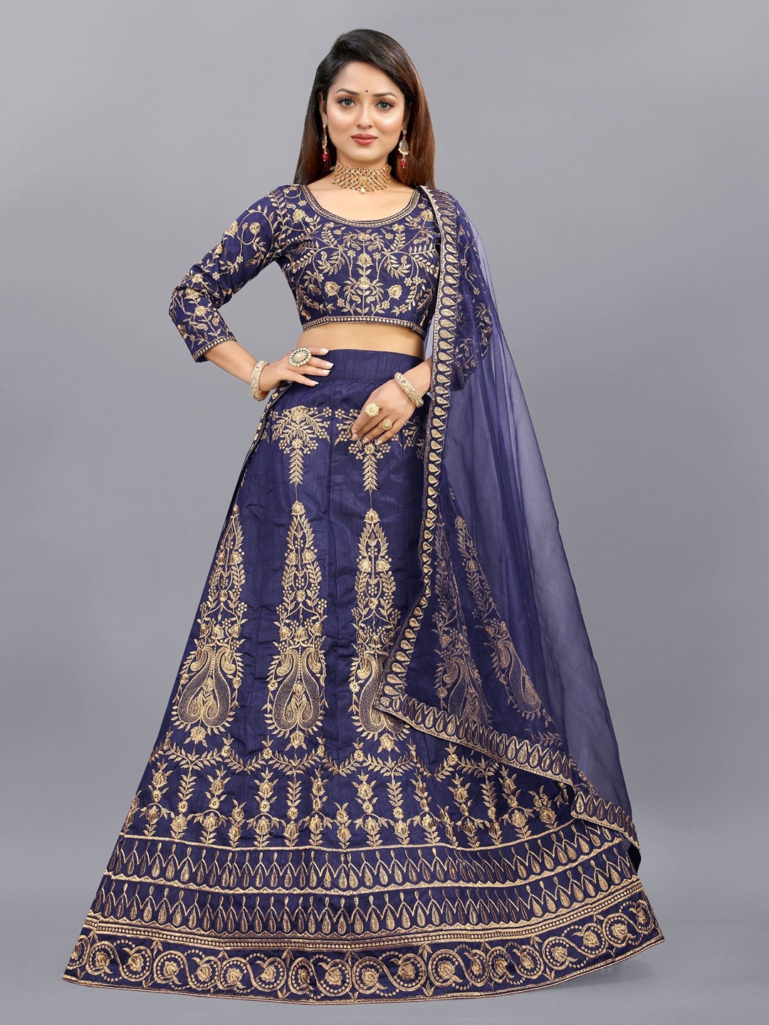 

APNISHA Embroidered Semi Stitched Lehenga & Unstitched Blouse With Dupatta, Navy blue