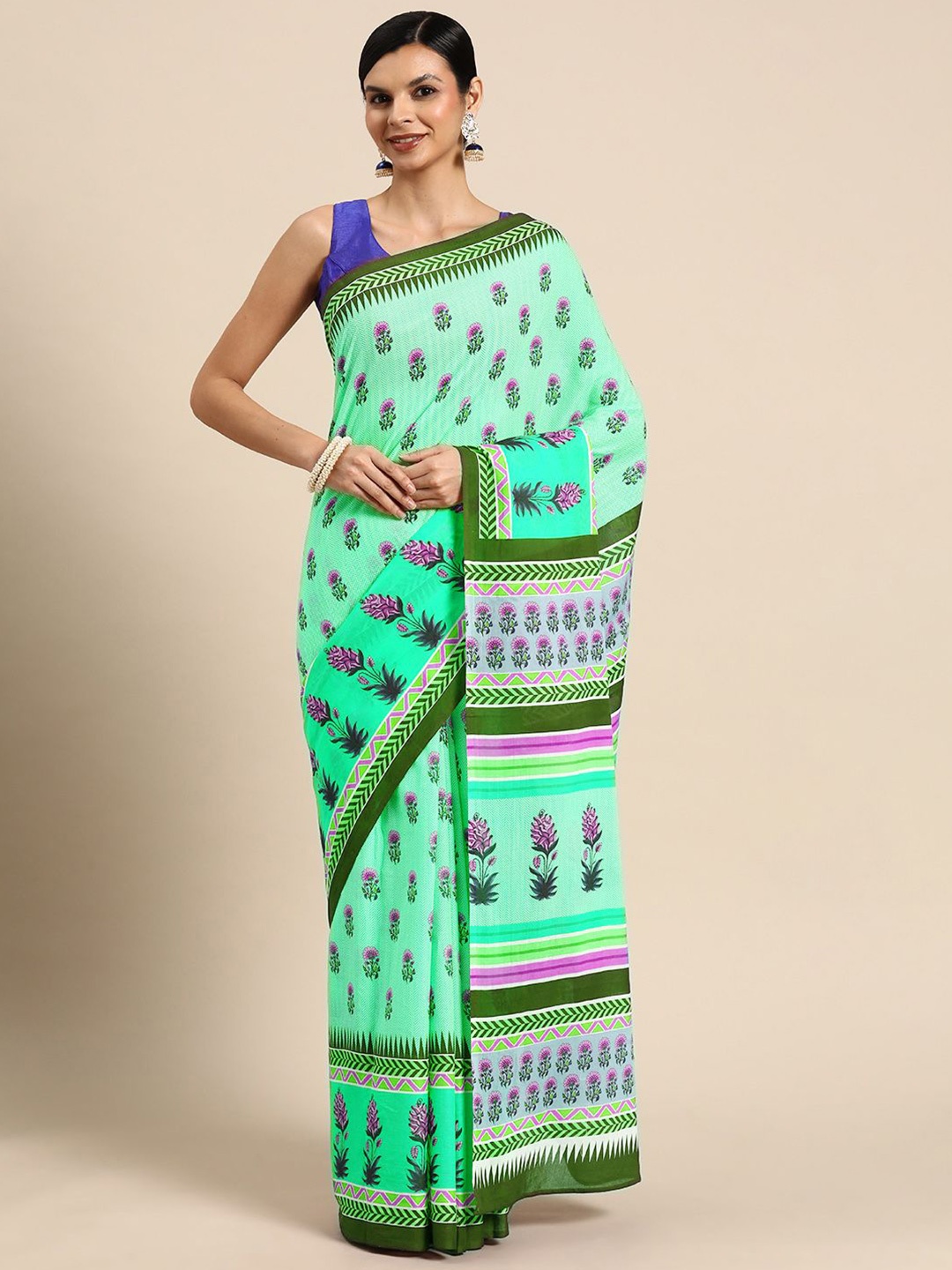 

BUTA BUTI Floral Pure Cotton Saree, Sea green