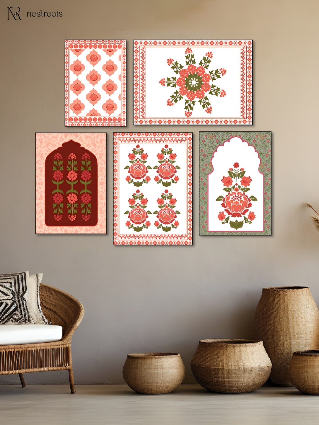 

nestroots A Royal Menagerie of Blooms White & Red 5 Pieces Floral Printed Canvas Wall Art