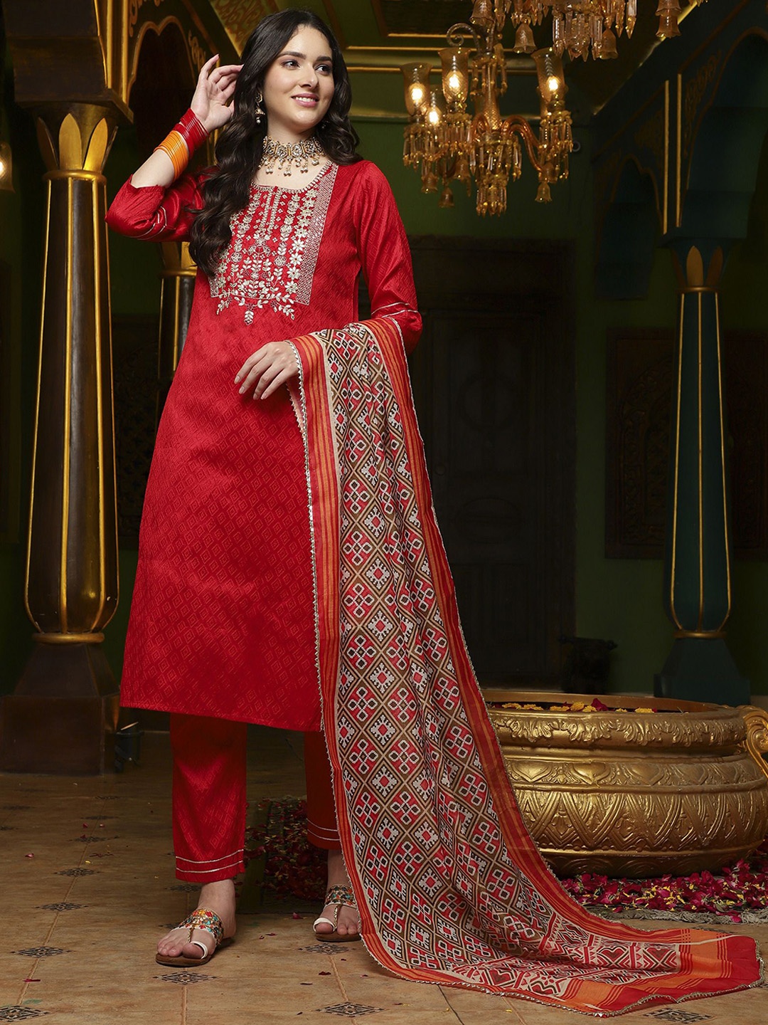 

Sangria Floral Embroidered Thread Work Kurta with Trousers & Dupatta, Red