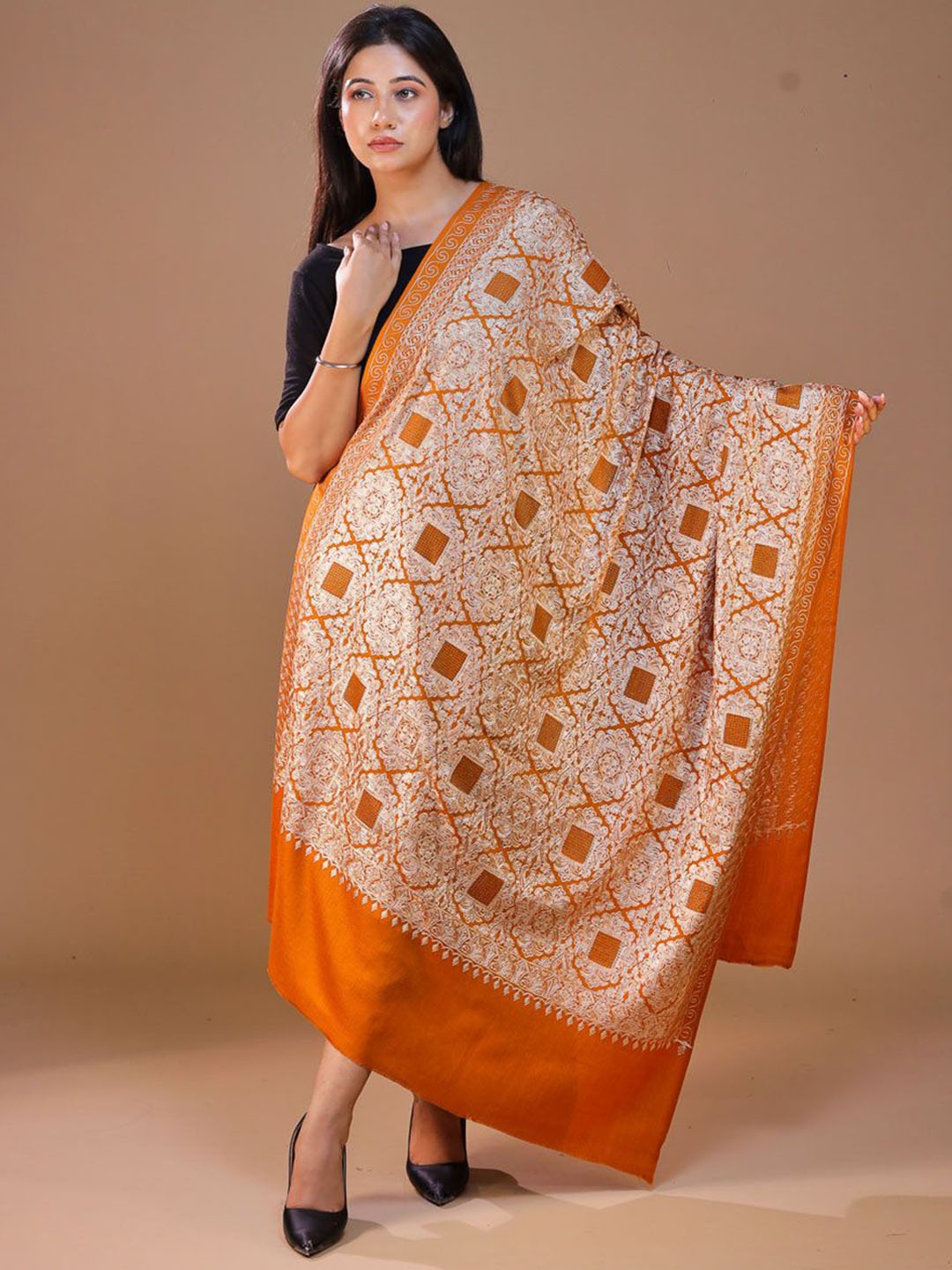 

SWI Stylish Ethnic Motifs Embroidered Pashmina Shawl, Mustard