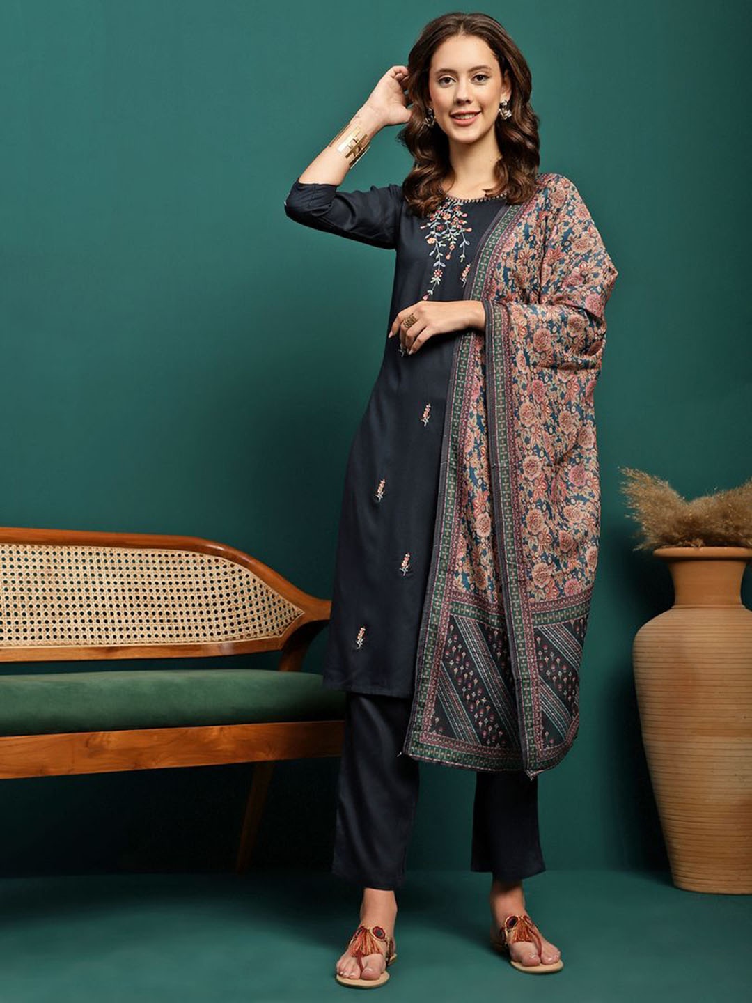 

Sangria Floral Embroidered Thread Work Kurta with Trousers & Dupatta, Navy blue