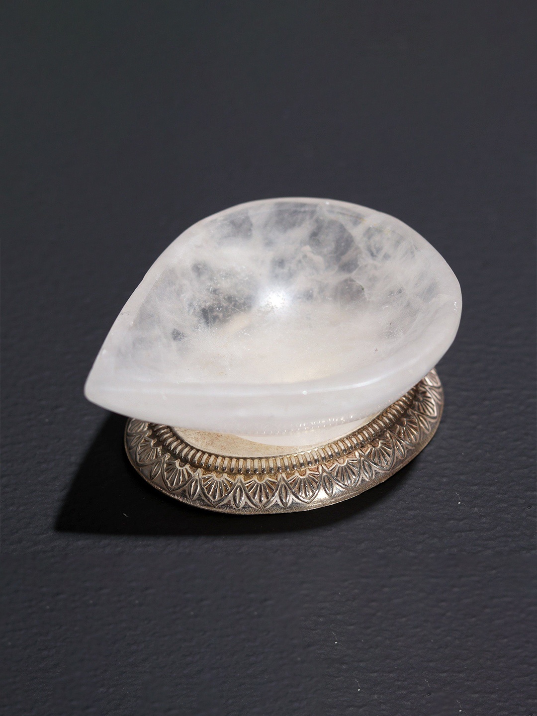 

Exotic India 3" Clear Quartz Gemstone Diya with .999 Silver Base, White