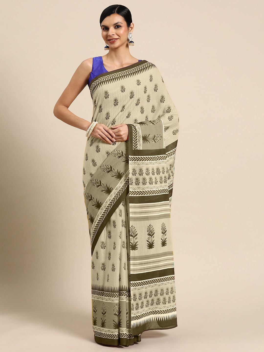 

BUTA BUTI Ethnic Motics Solid Border Pure Cotton Saree, Khaki