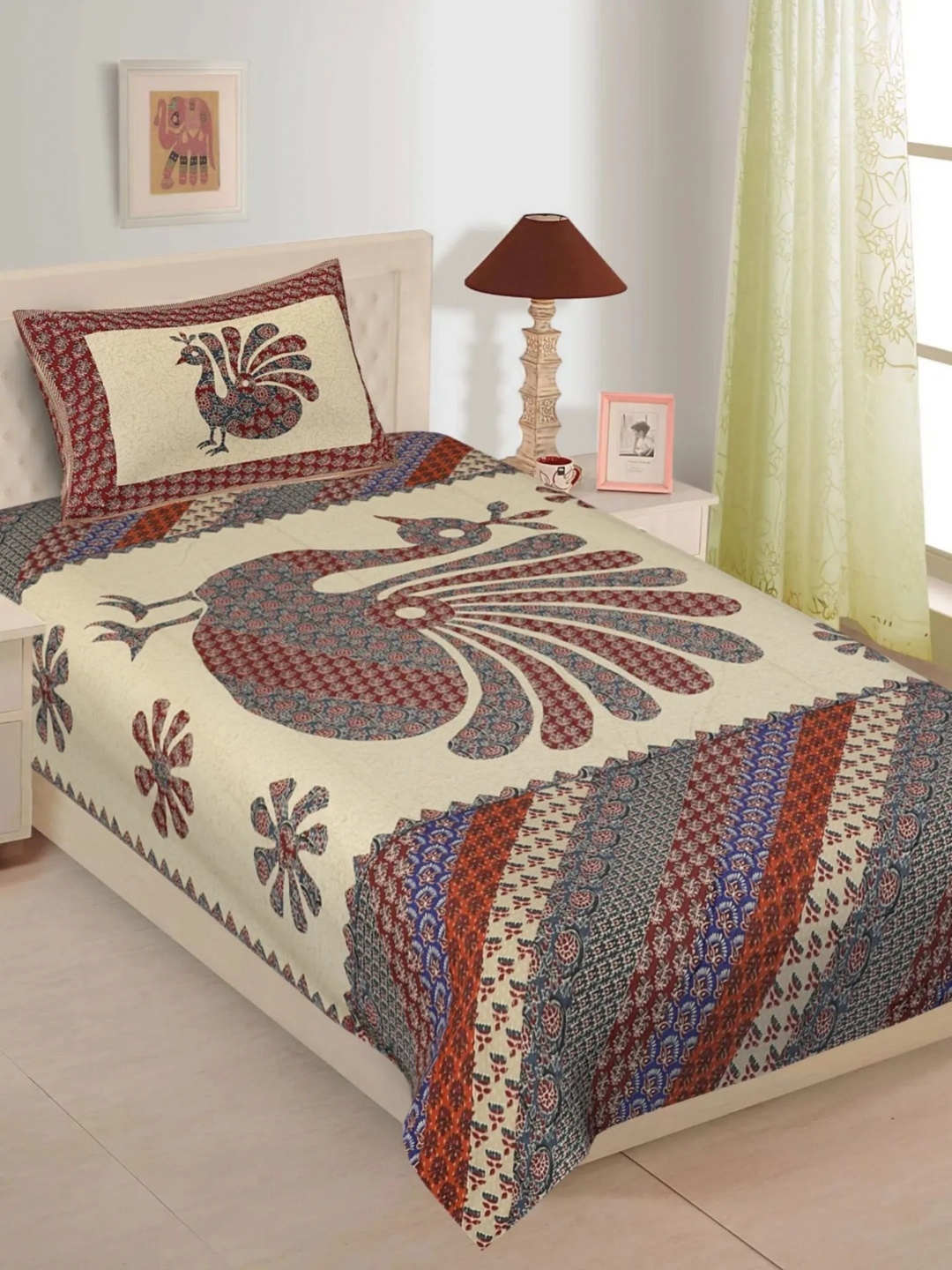 

LIVING ROOTS Purple & Red Ethnic Motifs Cotton 144 TC Single Bedsheet with 1 Pillow Covers