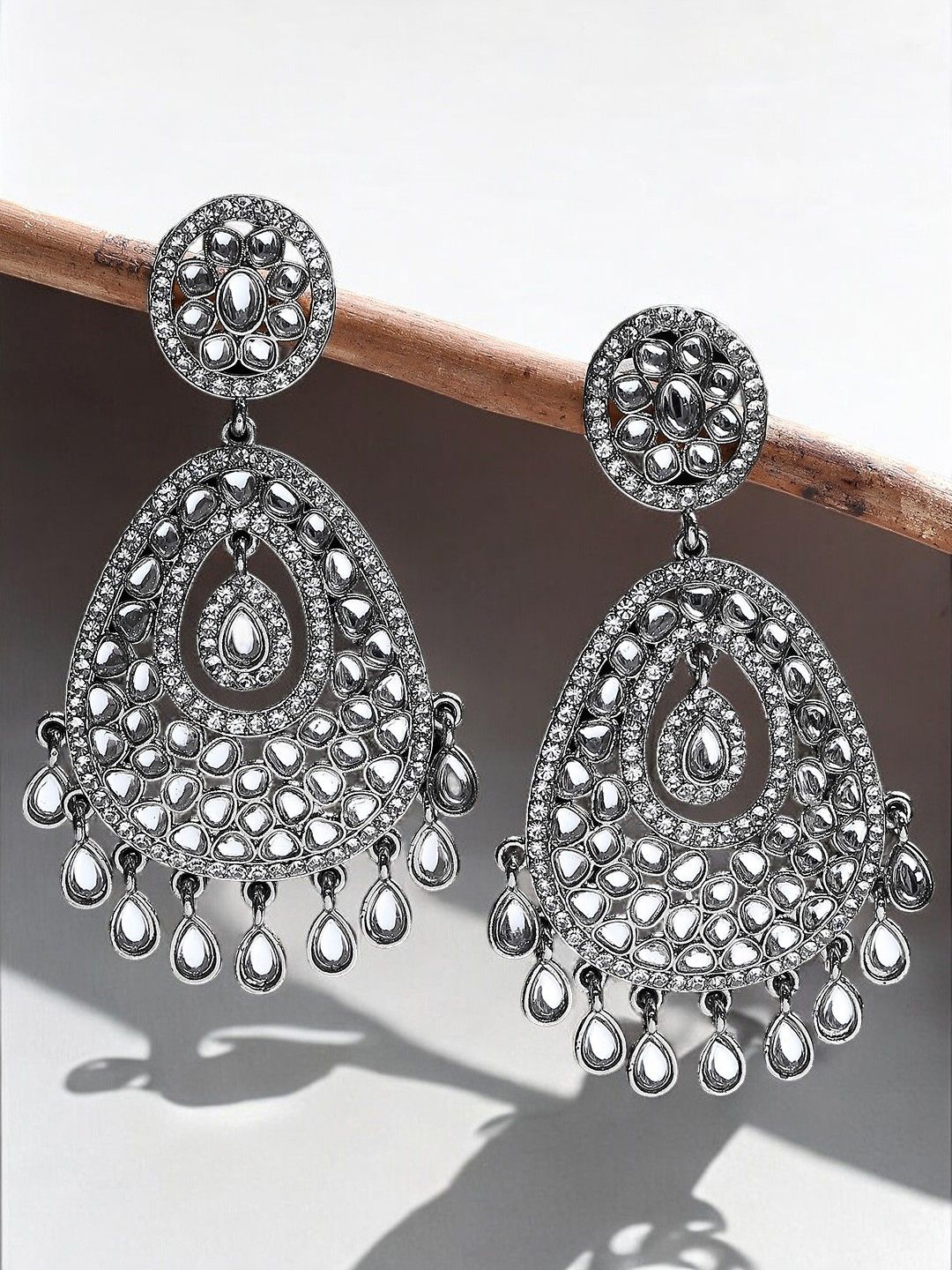 

House of Pataudi Kundan Stone Studded Drop Earrings, Silver