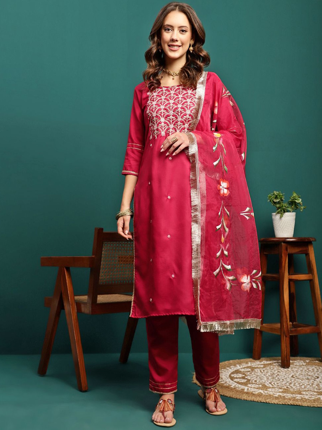 

Sangria Floral Embroidered Thread Work Kurta with Trousers & Dupatta, Maroon