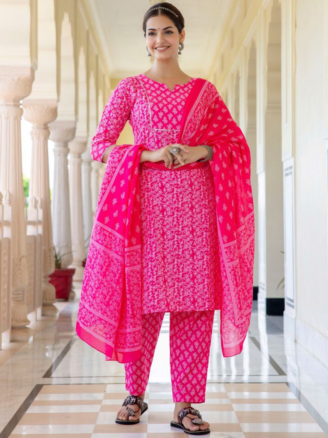 

Anouk Pink Floral Printed Gotta Patti Straight Kurta With Trouser & Dupatta