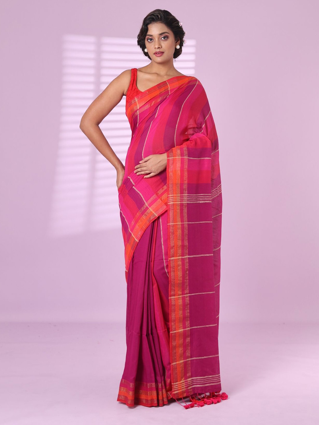 

Charukriti Colourblocked Zari Pure Cotton Saree, Pink