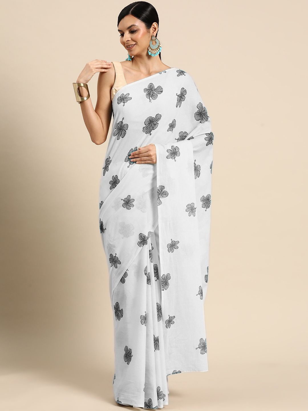 

BUTA BUTI Floral Printed Floral Pure Cotton Saree, White