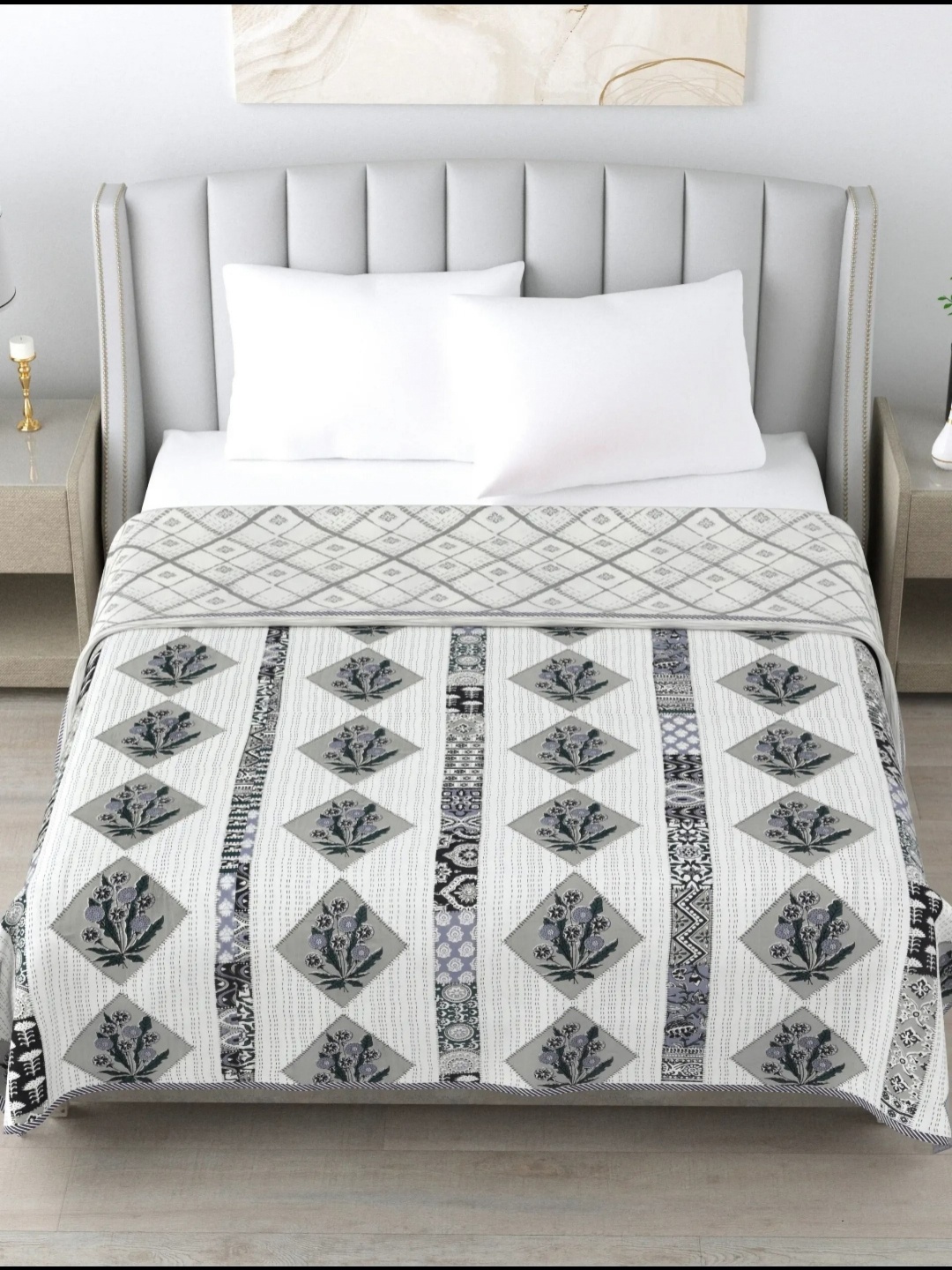

LIVING ROOTS White Floral Printed AC Room 210 GSM Reversible Cotton Double Bed Dohar, Grey