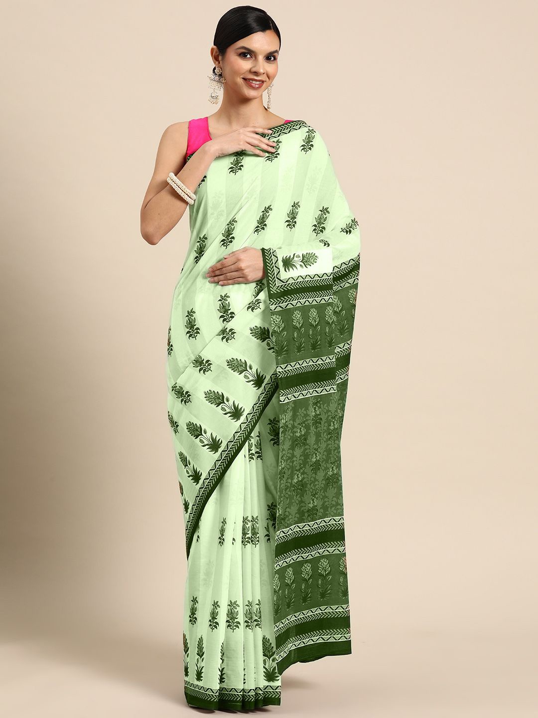 

BUTA BUTI Ethnic Motics Solid Border Pure Cotton Saree, Green