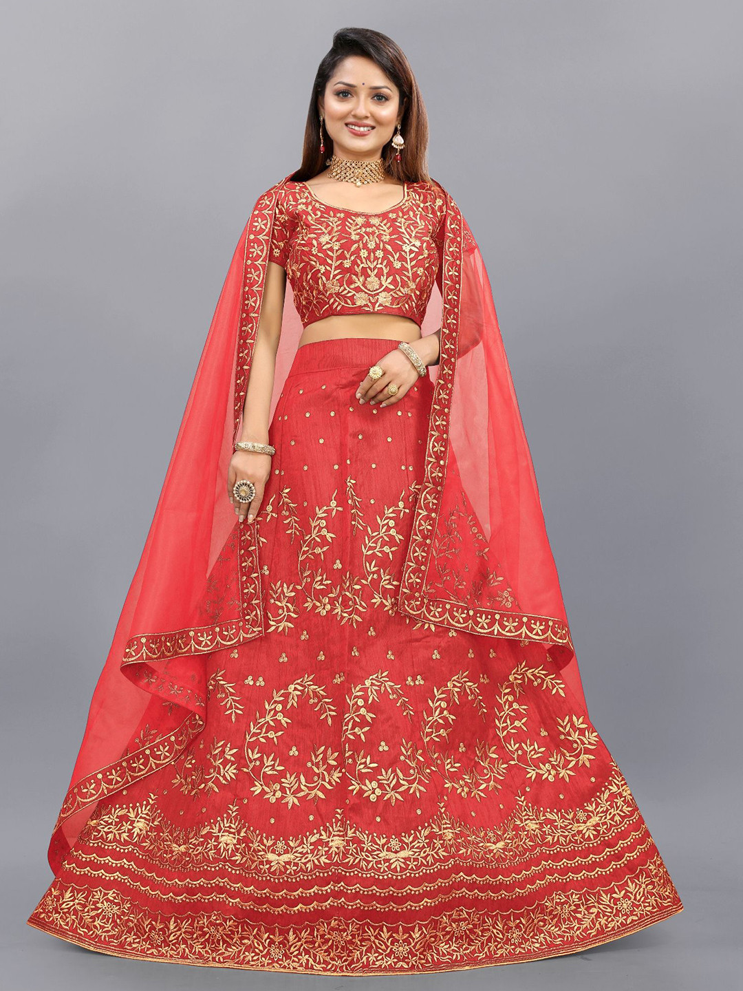 

APNISHA Embroidered Thread Work Semi-Stitched Lehenga & Unstitched Blouse With Dupatta, Red