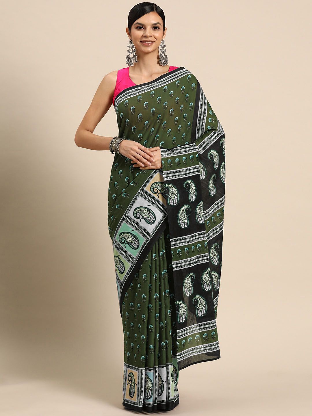 

BUTA BUTI Floral Pure Cotton Saree, Green