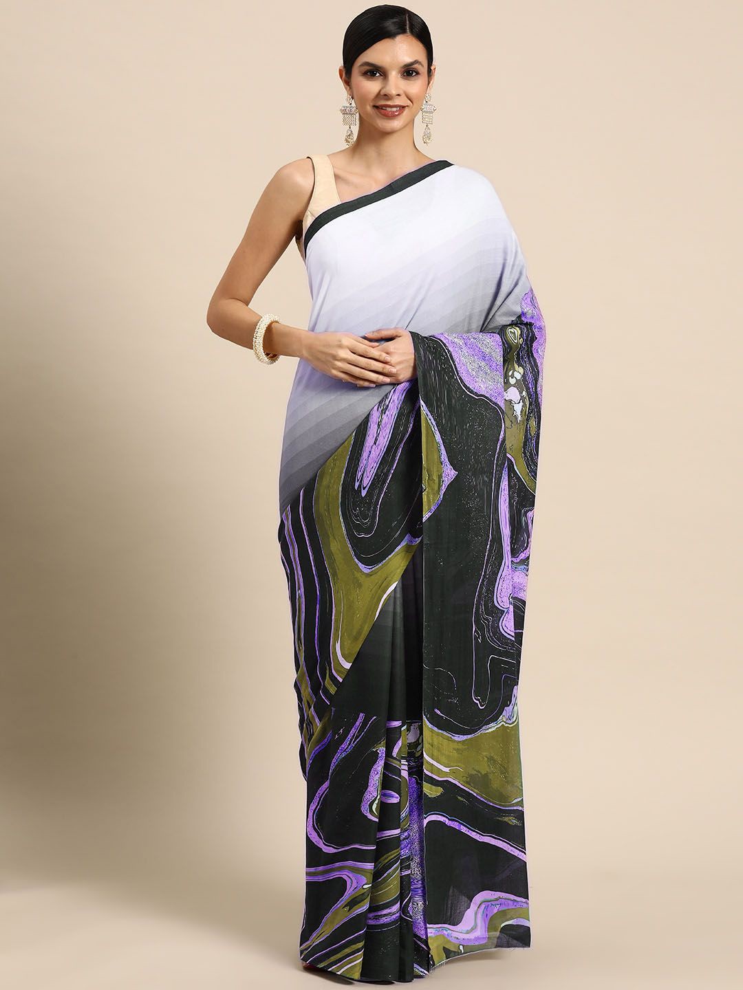 

BUTA BUTI Pure Cotton Solid Border Abstract Printed Saree, Grey