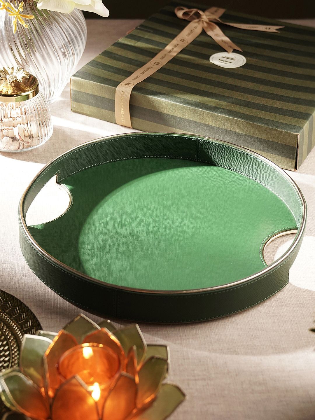 

Pure Home and Living Green Round Faux Leather Serving Tray