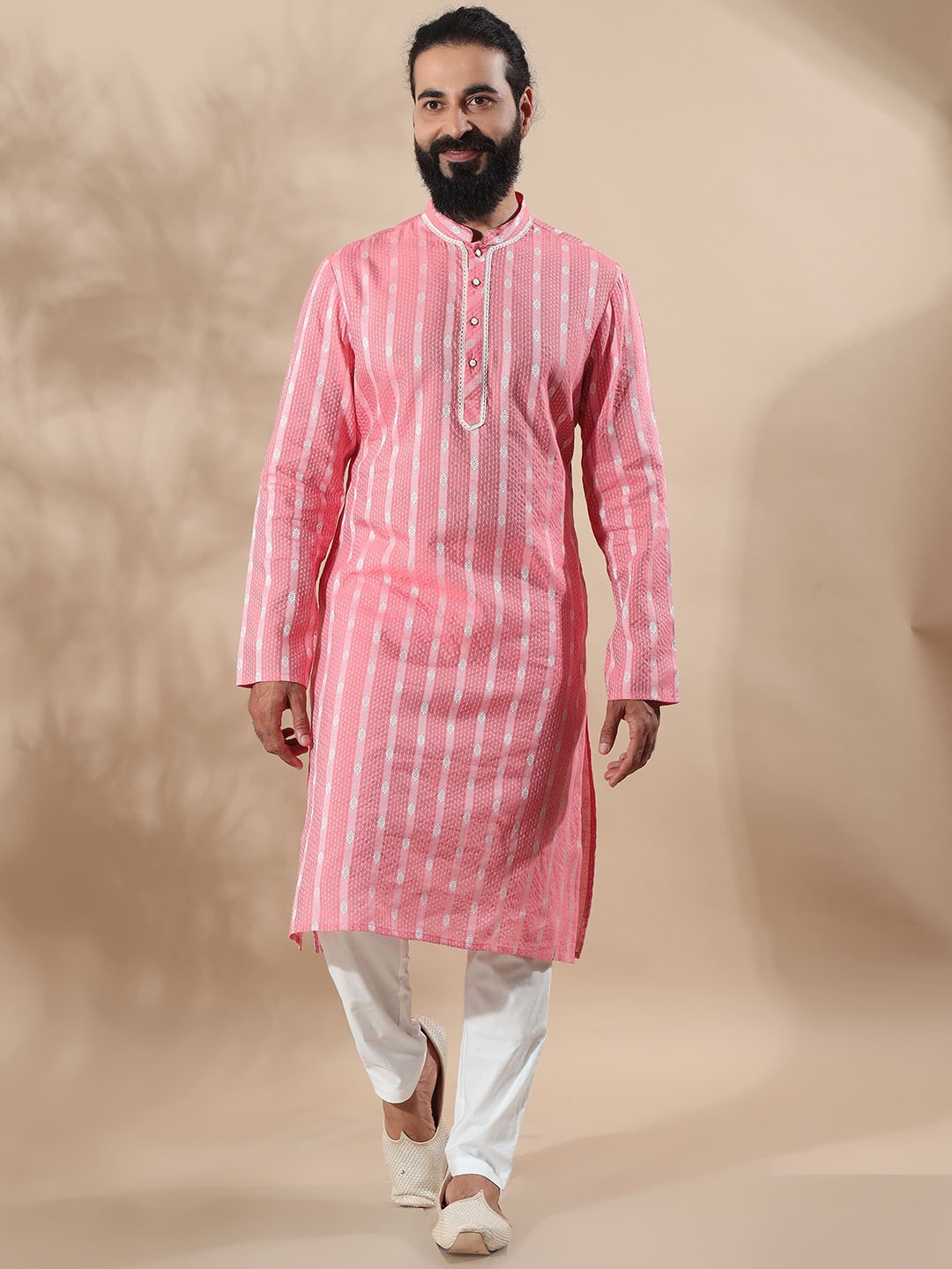 

FILORI Floral Woven Design Thread Work Jacquard Weave Chanderi Cotton Kurta with Pyjamas, Peach