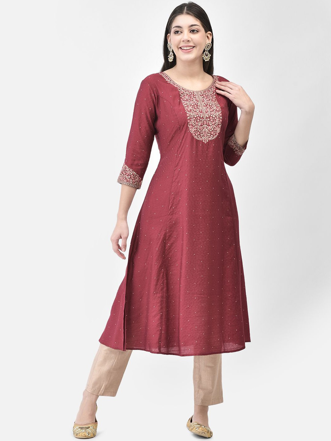 

Span Floral Embroidered Round Neck A Line Kurta, Burgundy