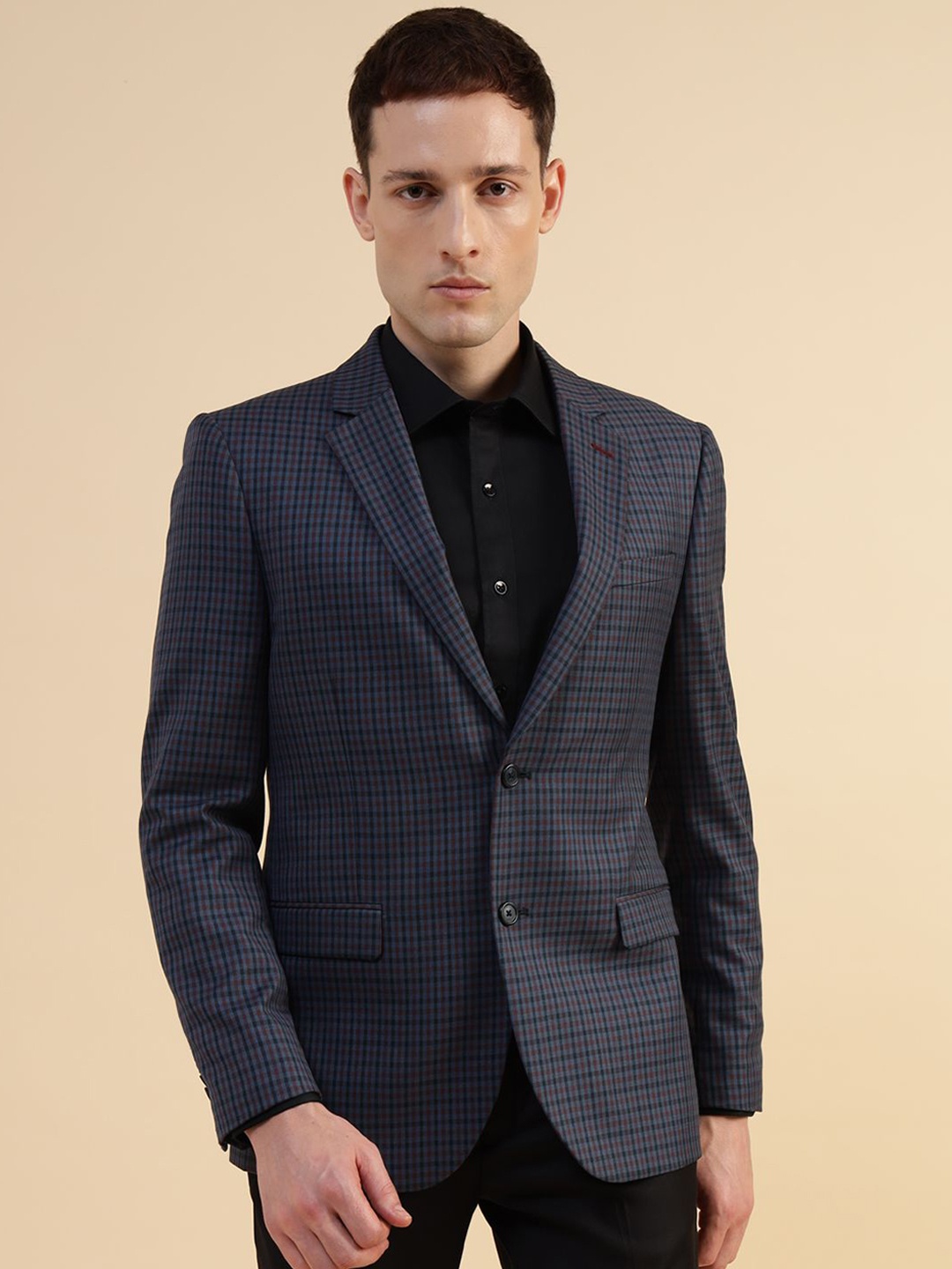 

Givo Tailored Fit Checked Notch Collar Double Vent Single Breasted Formal Blazer, Blue
